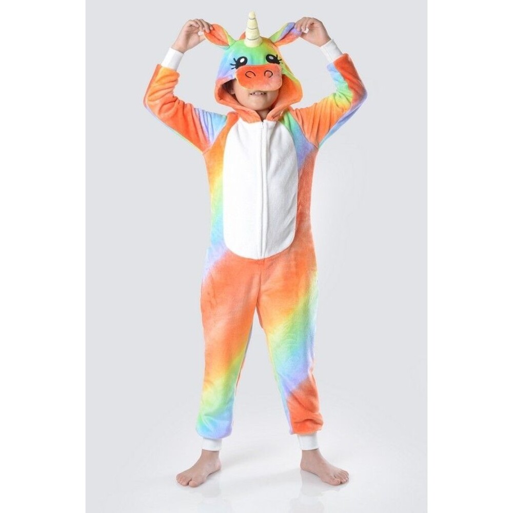 Kids Rainbow Unicorn Costume Bodysuit Soft Sleeper Hood FaceTail Pockets S-L NWT